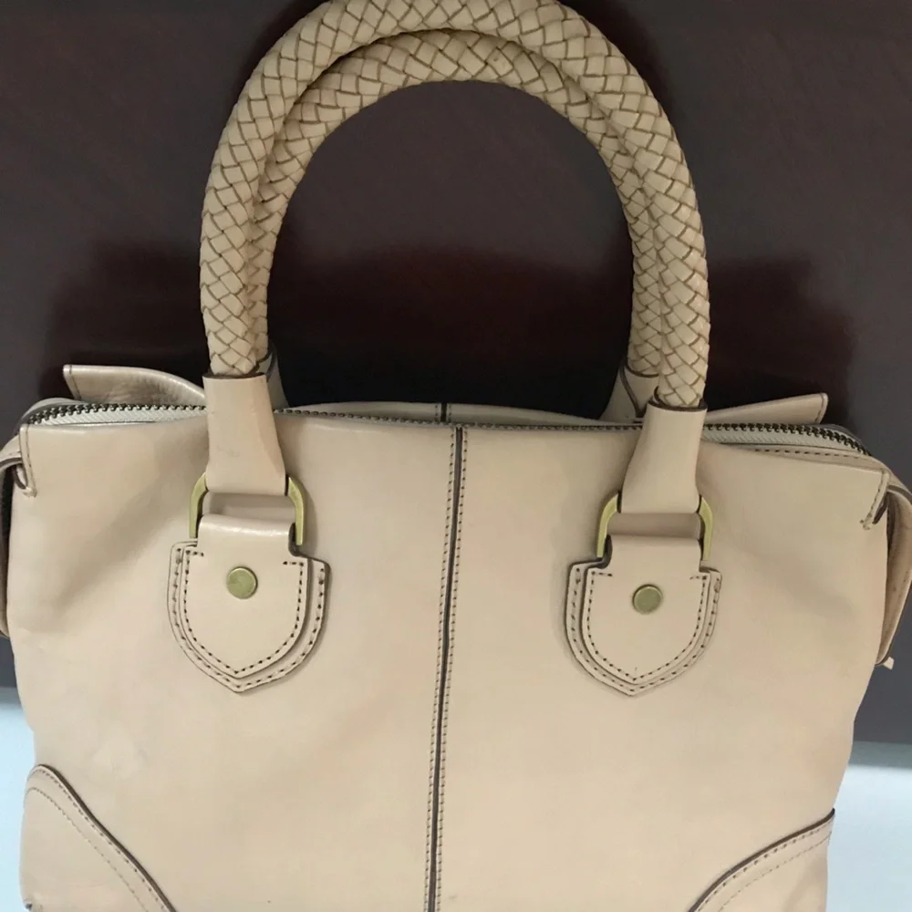 Vintage Cole Haan Beige Leather Satchel with Braided Handles Matte Gold Hardware